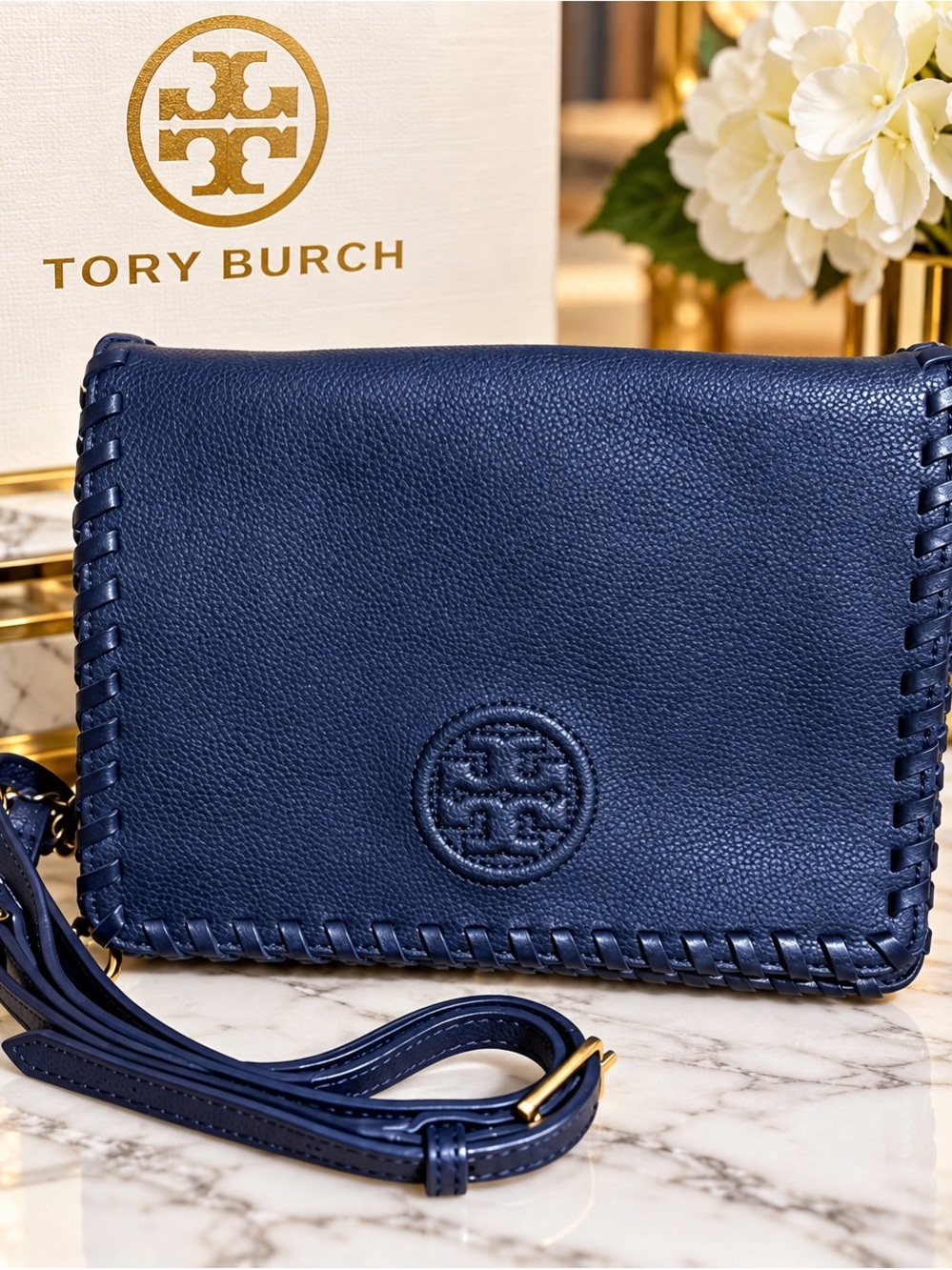 Tory Burch Deep Navy Leather Whipstitch Crossbody